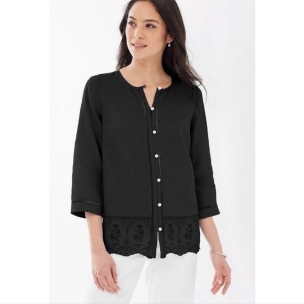 J. Jill Love Linen Black Eyelet Trim Boho Artsy Lagenlook Blouse Top Medium